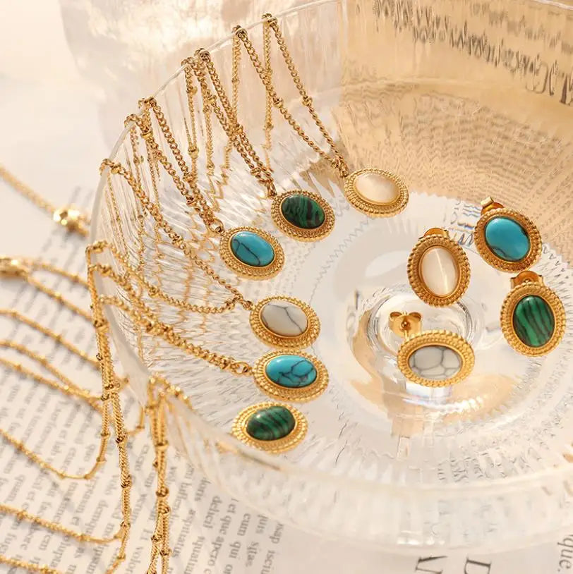 Fine Jewelry Vintage Popular Agate Natural Stone Natural Turquoise 18K Gold Plated Stainless Steel Fashion Jewelry Necklaces