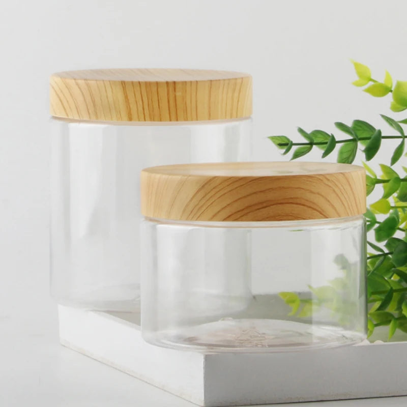 4oz 8 oz 500ml 800ml 1L Clear PET Plastic Cosmetic Jars with Bamboo Wood Lids Custom Logo Silk Screen Printing