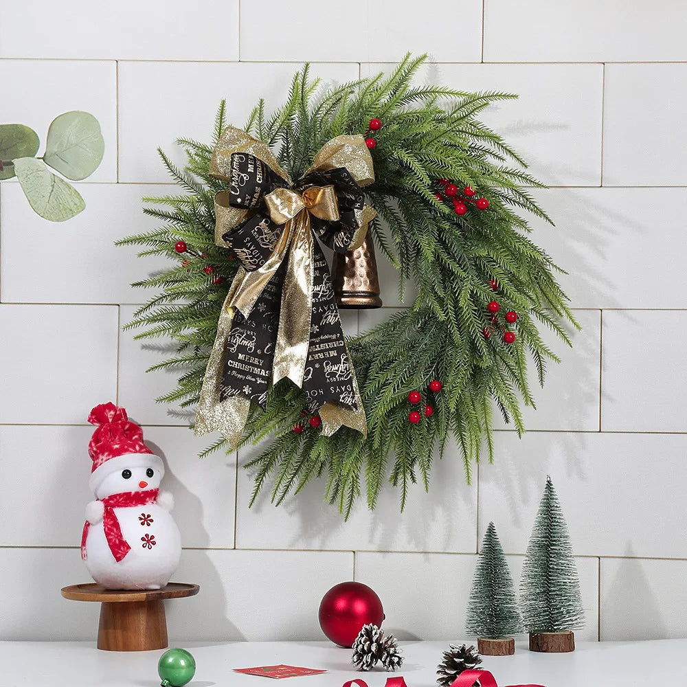 Popular New Pine Needle Leaf Retro Bell Bow Door Hanging Decoration Simulation Norfolk Pine Wreath