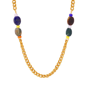 Retro Bohemian StyleI Natural Colorful Stone Curb Necklace Clavicle Chain Maillard Accessories for Ladiesn Hypoallergenic