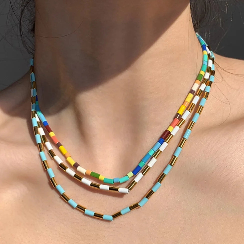 Best-selling Trendy Fashion Colorful Brass 18K Gold Plated Chain Glazed Beaded Necklaces Jewelry Custom Mother's Day Gift