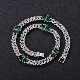 14MM Fashion Green Diamond Butterfly Cuban Necklace Hip Hop Trendy Silver Miami Link Chain Iced Out Necklace
