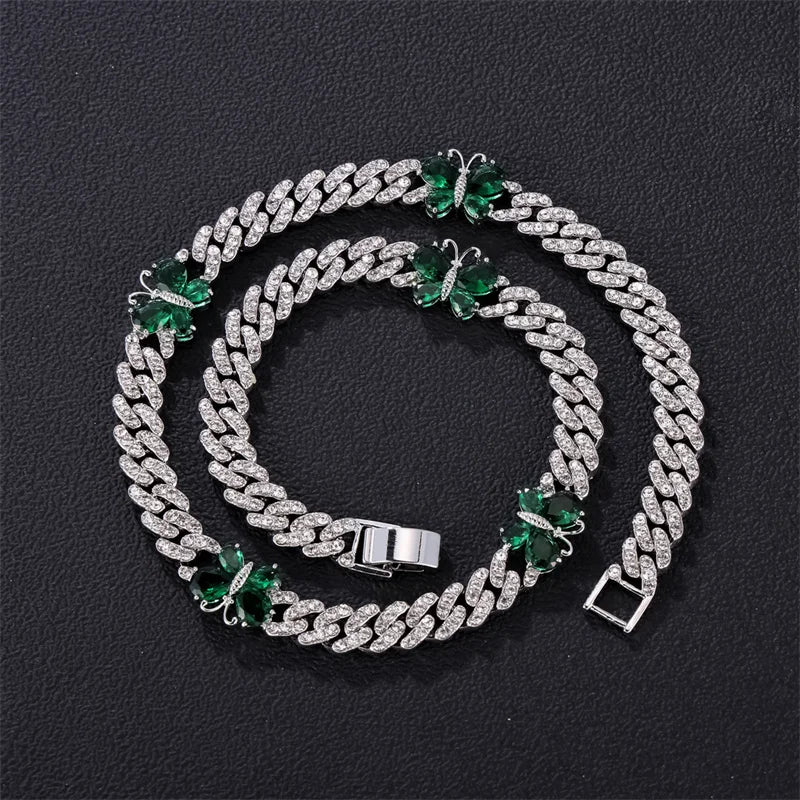 14MM Fashion Green Diamond Butterfly Cuban Necklace Hip Hop Trendy Silver Miami Link Chain Iced Out Necklace