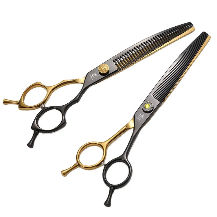 Fenice 7.5 Inch Black and Gold Two-Color Professional Pets Grooming Shears Curved Thinning Chunker Scissors for Medium Dogs