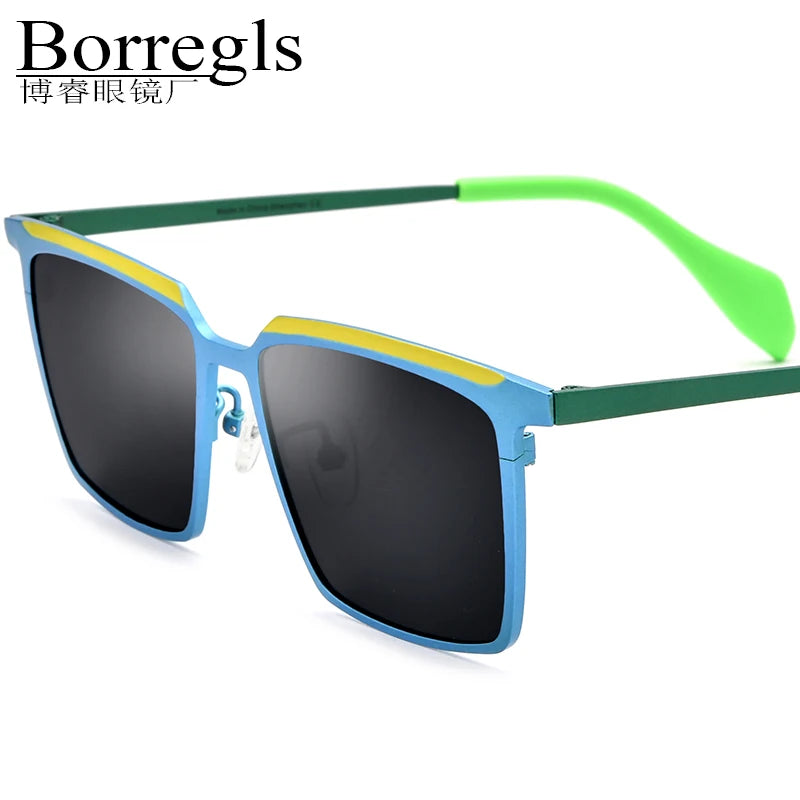 Borregls Colorful Titanium Sunglasses Men New Brand Designer Vintage Square Fashion Retro UV400 Polarized Sun Glasses 185790T
