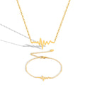 Women's Stainless Steel Charm Chain Necklace Bracelet Jewelry Set 18K Gold Plated Heartbeat ECG Pendant Customizable Wedding