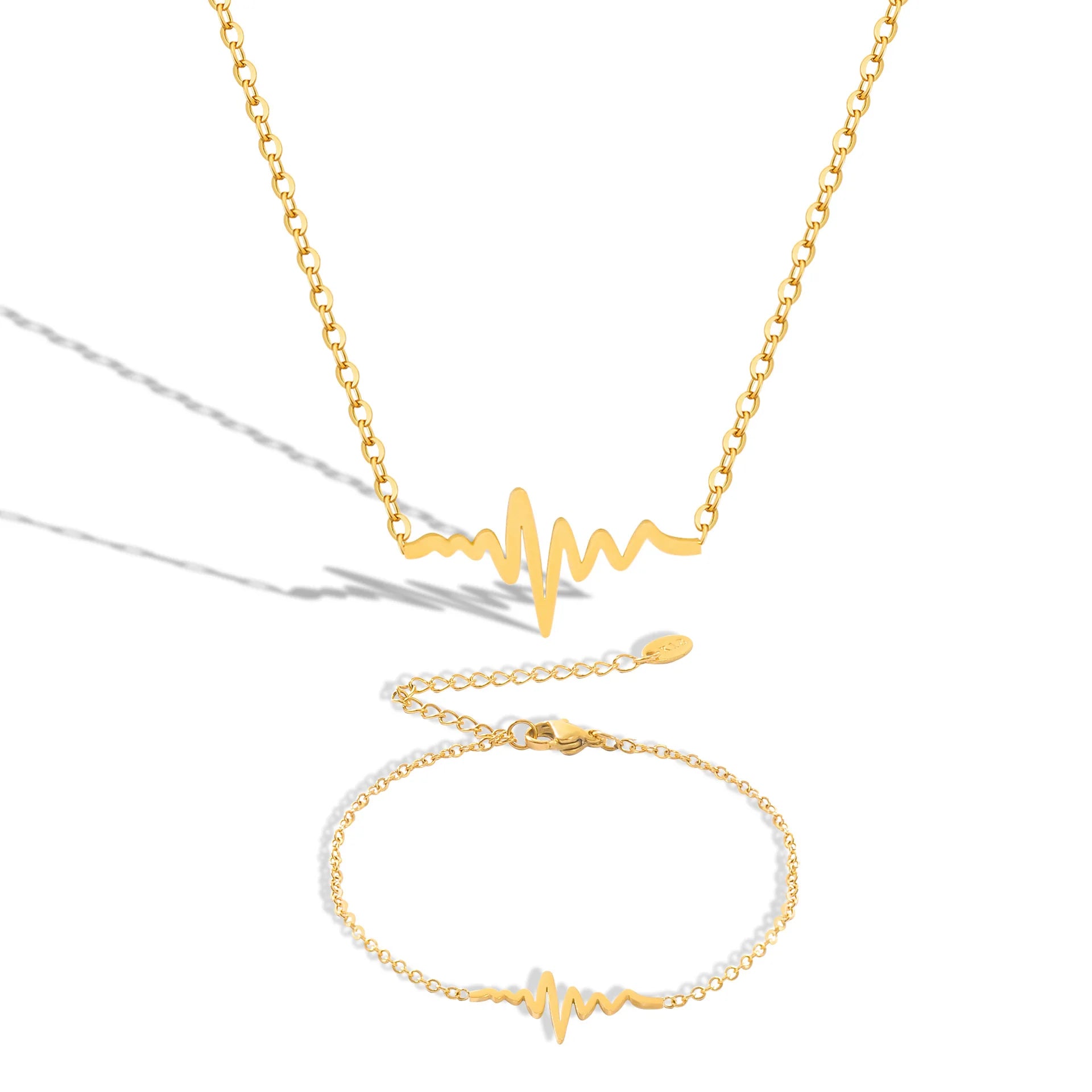 Women's Stainless Steel Charm Chain Necklace Bracelet Jewelry Set 18K Gold Plated Heartbeat ECG Pendant Customizable Wedding