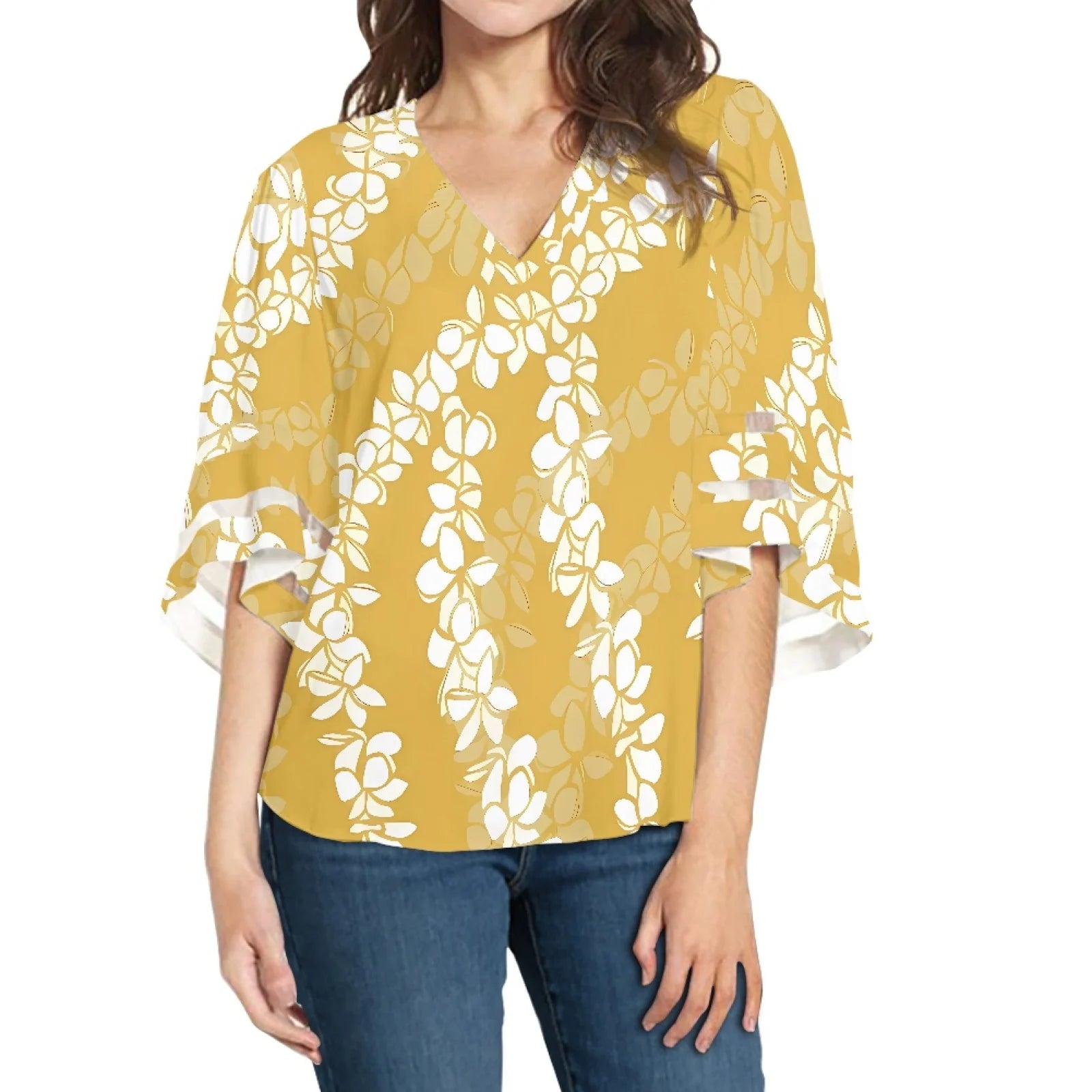 Women's Hawaiian Shirt Soft Cool Summer Hawaii Shirts Floral Elei Tropic Print V Neck T-Shirt 3/4 Swing Sleeve Tops for Women