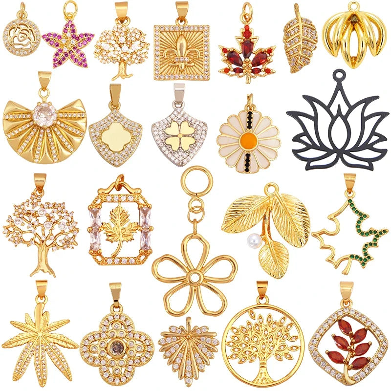 Sweet Sun Rose Flower Maple Leaf Clover Tree Charm PendantReal 18k Gold Shell Zircon Jewelry Findings Necklace Supplies S07