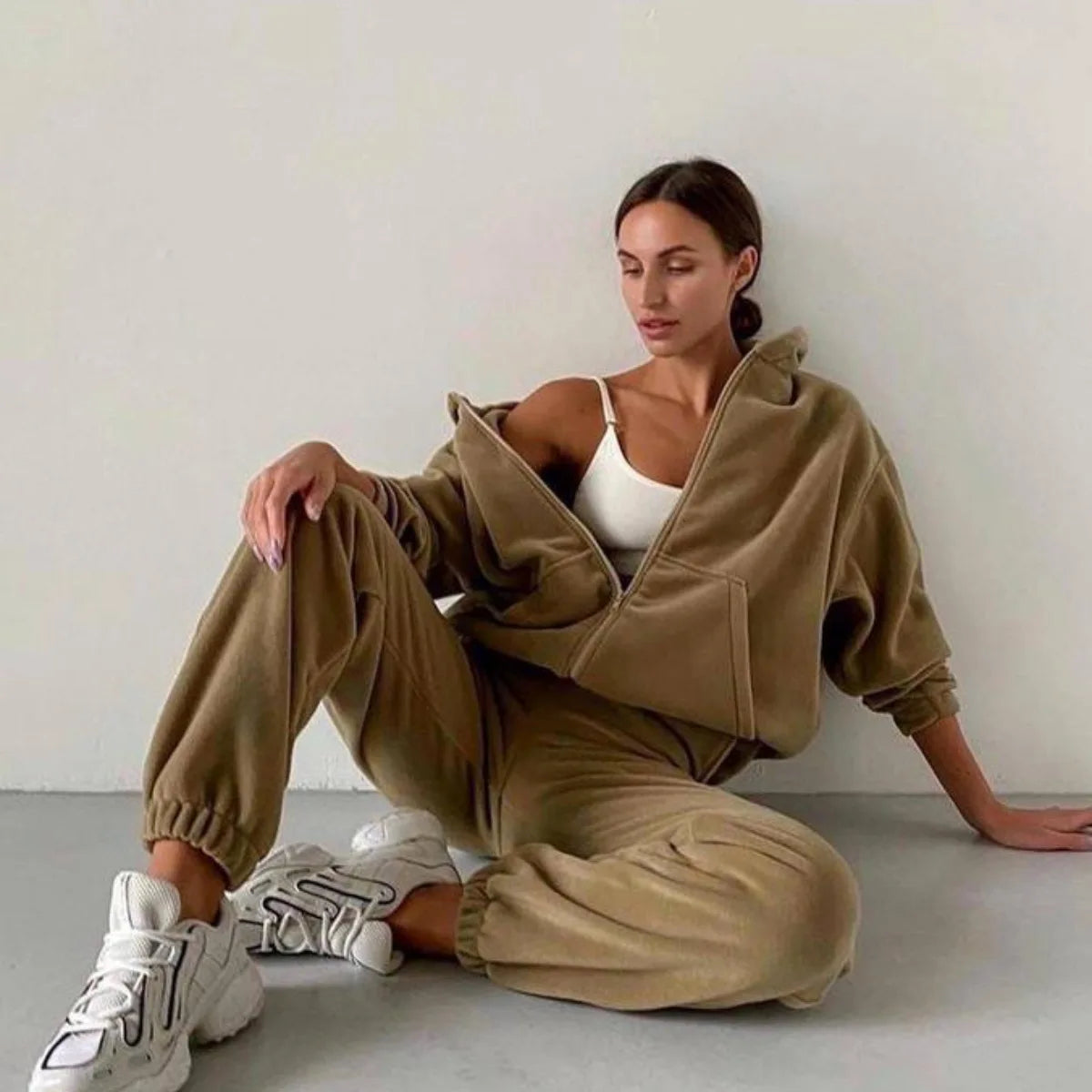 YIYI Warm With Hoodie Jackets Sets 2pcs for Women  High Waist Slim Pants Jogger Sets Lady Sweatpants and Hoodie Set Plain