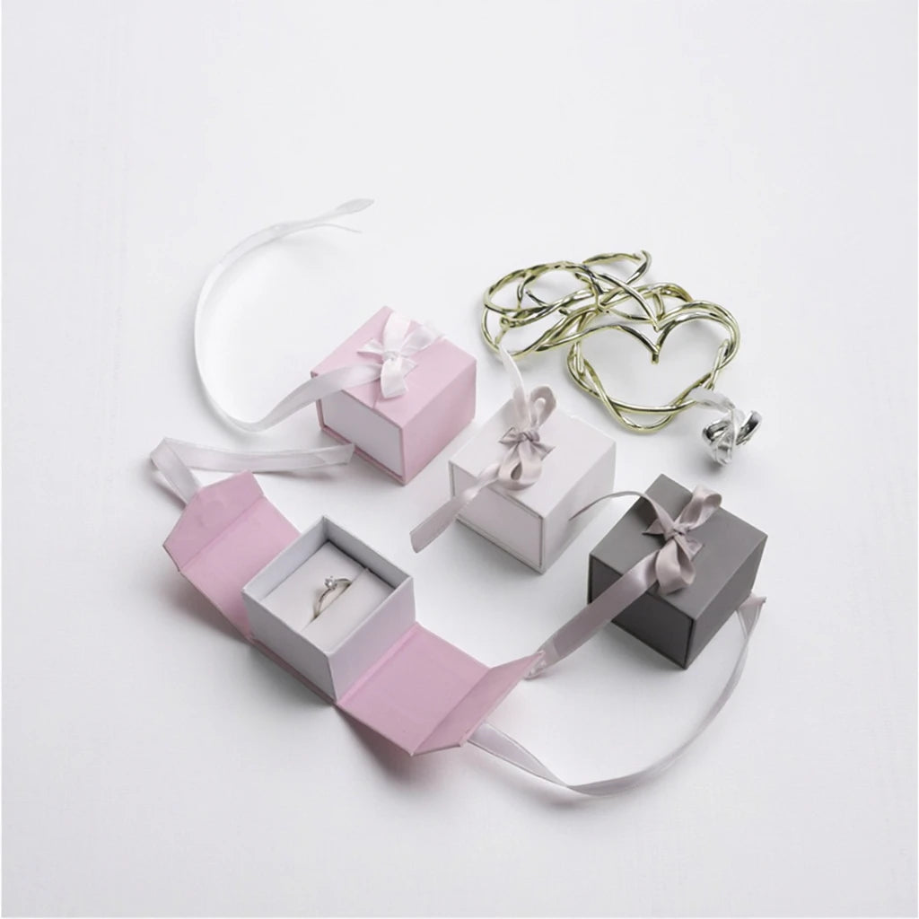 5x5x4cm Luxury Pink Double-Open Magnetic Cardboard Ring Box Wedding Favor Jewelry Container with Ribbon Bow