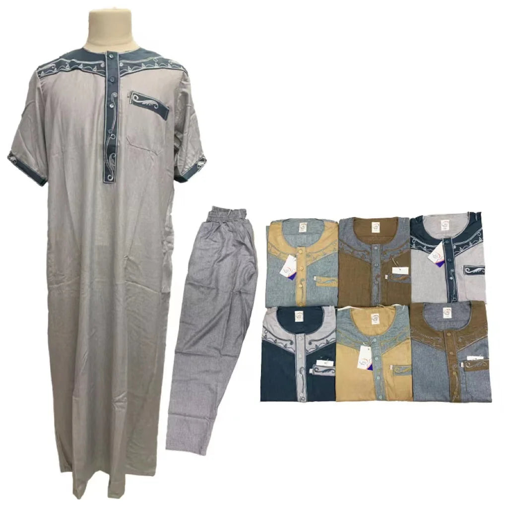 Yiwu Muqian Trading Firm 2024 New Design Abaya Suit Moroccan Prayer Robe With Embroidered Neckline Muslim Men Clothing Islamic
