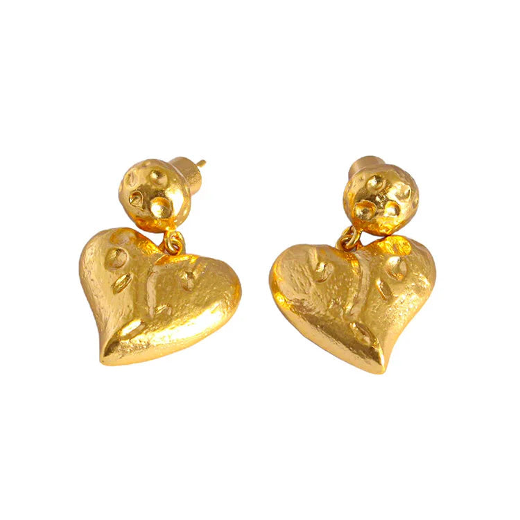 Vintage Fashion Real Gold Frosted Heart Drop Earrings Trendy Brass Plating Customizable Unisex Jewelry Gift Weddings DOZM