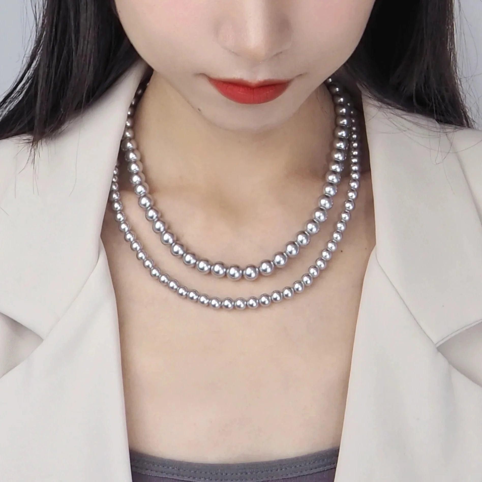 Retro Exquisite Luxury 925 Silver Round Gray Pearl Necklace Lady Bead Necklace
