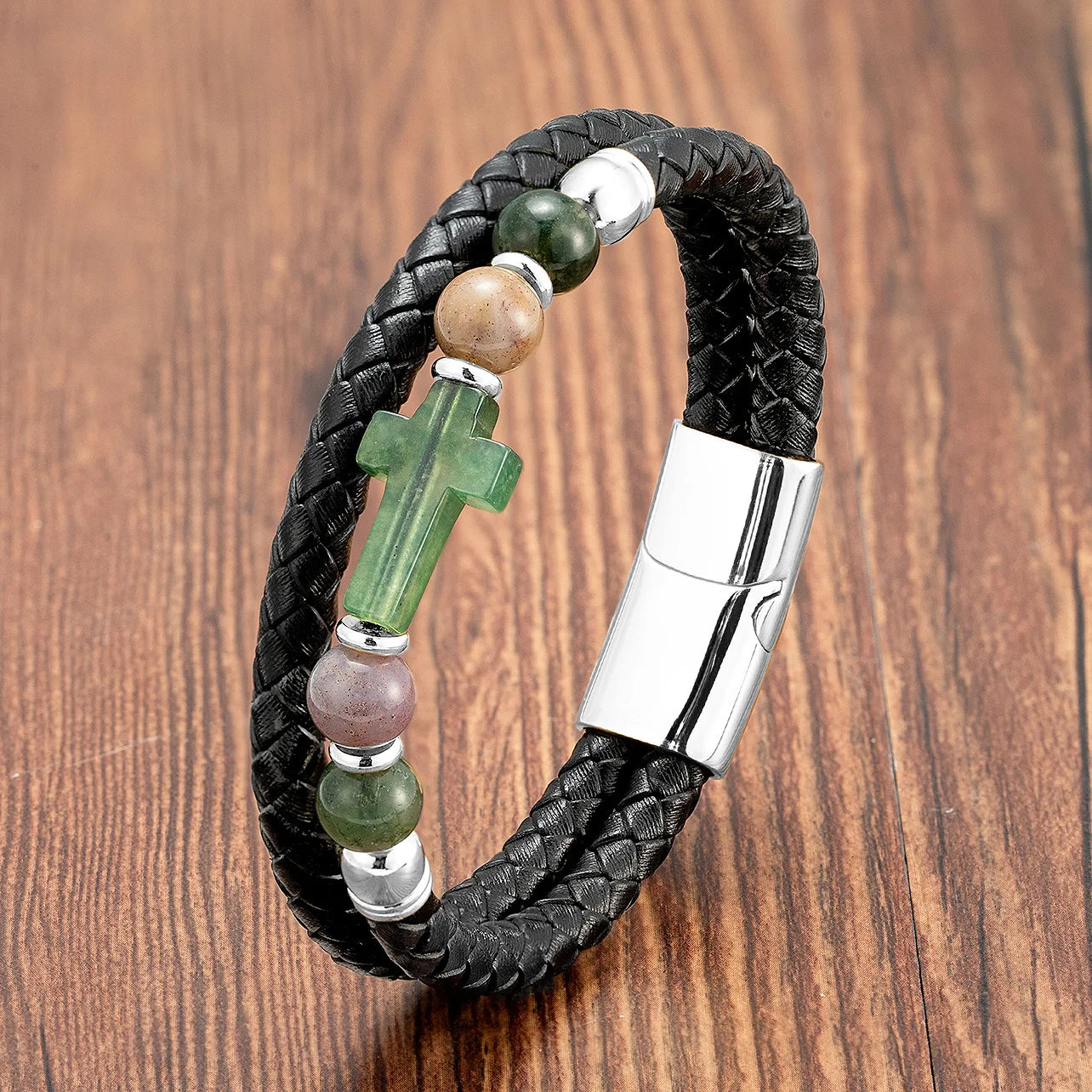 High Quality Stainless Steel Clasp Braided Genuine Leather Cross Stone Bead Charm Custom Logo Men Bracelet SL-242