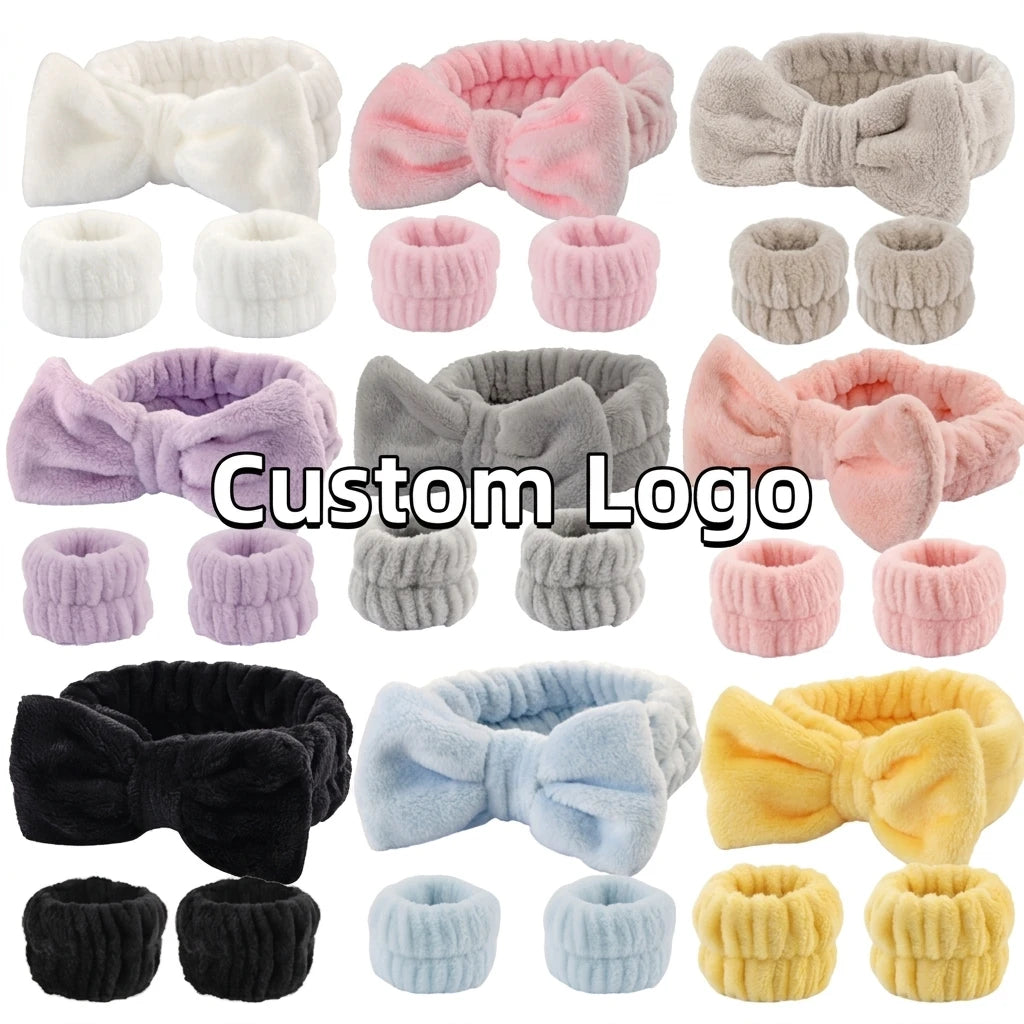 Custom Makeup Remover Wrist Towels Bands Skincare Face Wash Spa Bow Headband Wristband Set for Washing Face