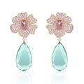 Hot Sale Earrings 18K Gold Plated Cubic Zircon Pink Flower Big Green Water Drop Earrings Long Dangle Women Wedding Party Jewelry