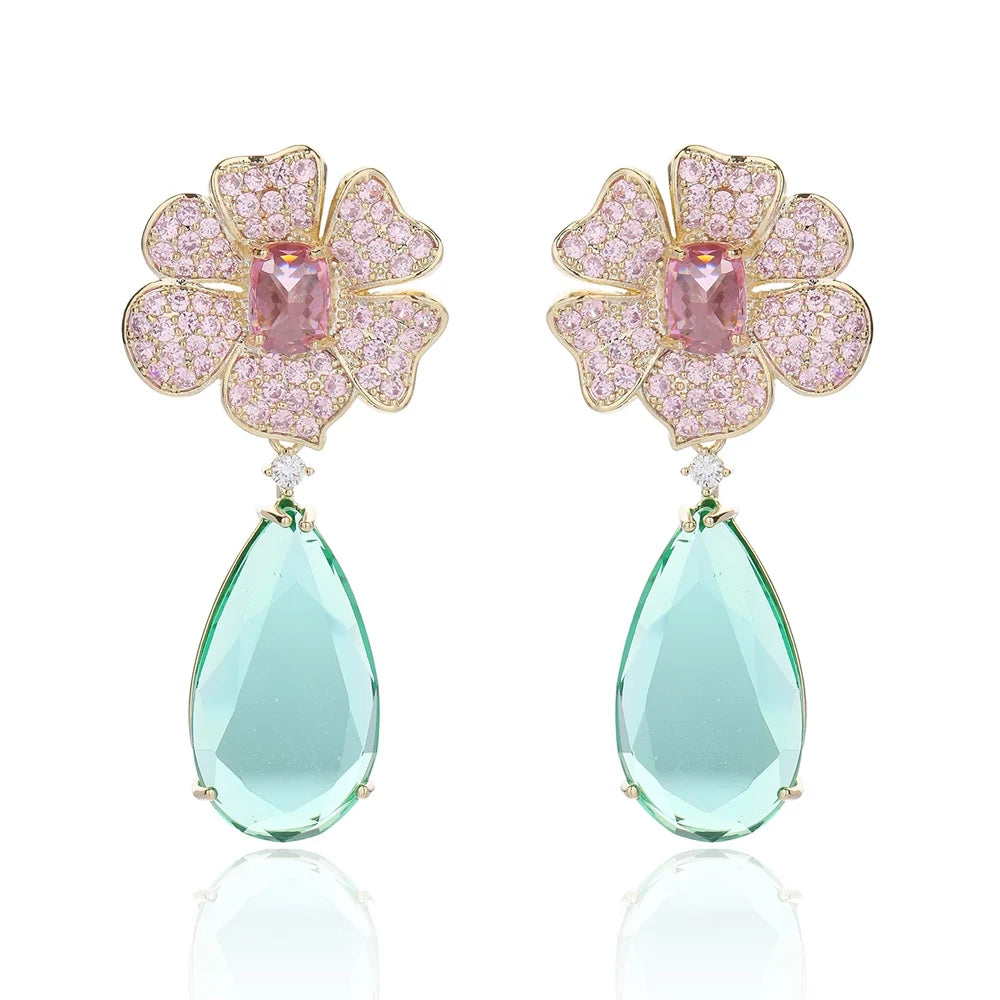 Hot Sale Earrings 18K Gold Plated Cubic Zircon Pink Flower Big Green Water Drop Earrings Long Dangle Women Wedding Party Jewelry