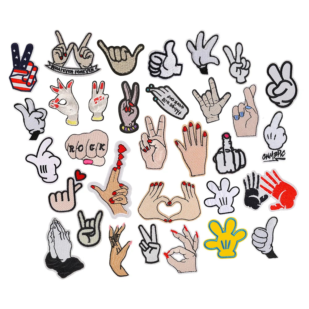 Classic Style Hot Sale Iron on Embroidered Rocker Hand Gesture Middle Finger Palm Patches for Apparel