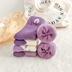 Autumn and Winter Women's Padded Thickened Warm Wool Towel Socks Cotton Cute Cartoon Japanese Embroidery Mid-calf Sport Socks