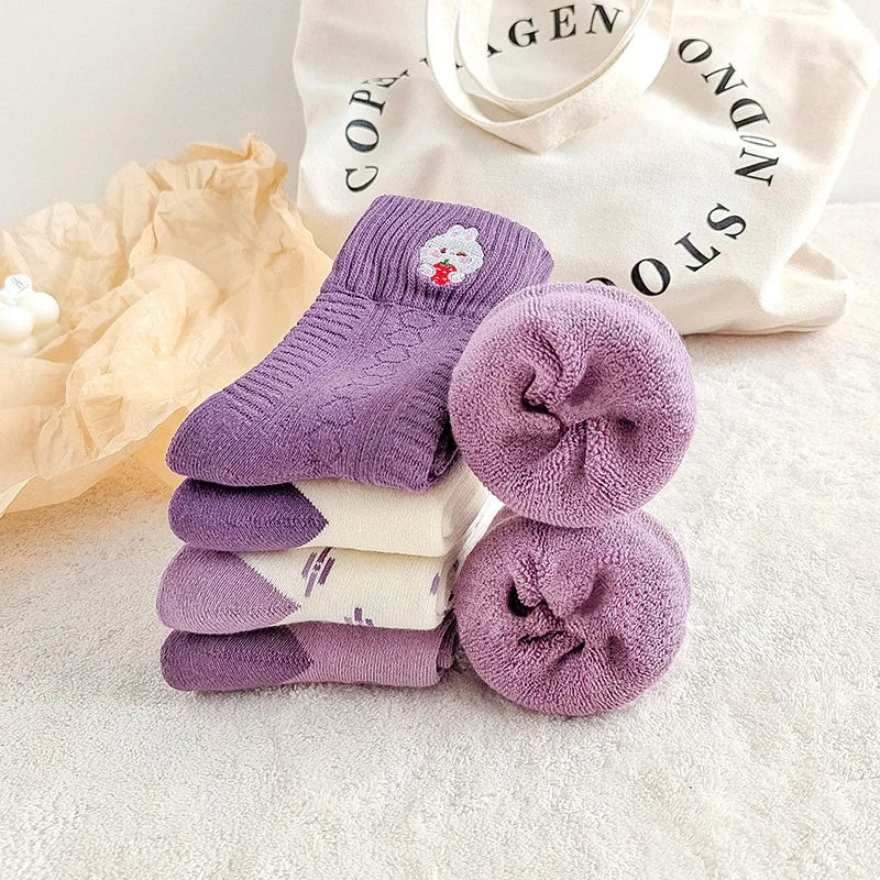 Autumn and Winter Women's Padded Thickened Warm Wool Towel Socks Cotton Cute Cartoon Japanese Embroidery Mid-calf Sport Socks