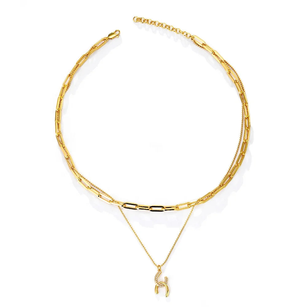 New Fashion Brass Jewelry Luxurious Arrow18K Gold Plated Double Layer Chain Pendant Necklace