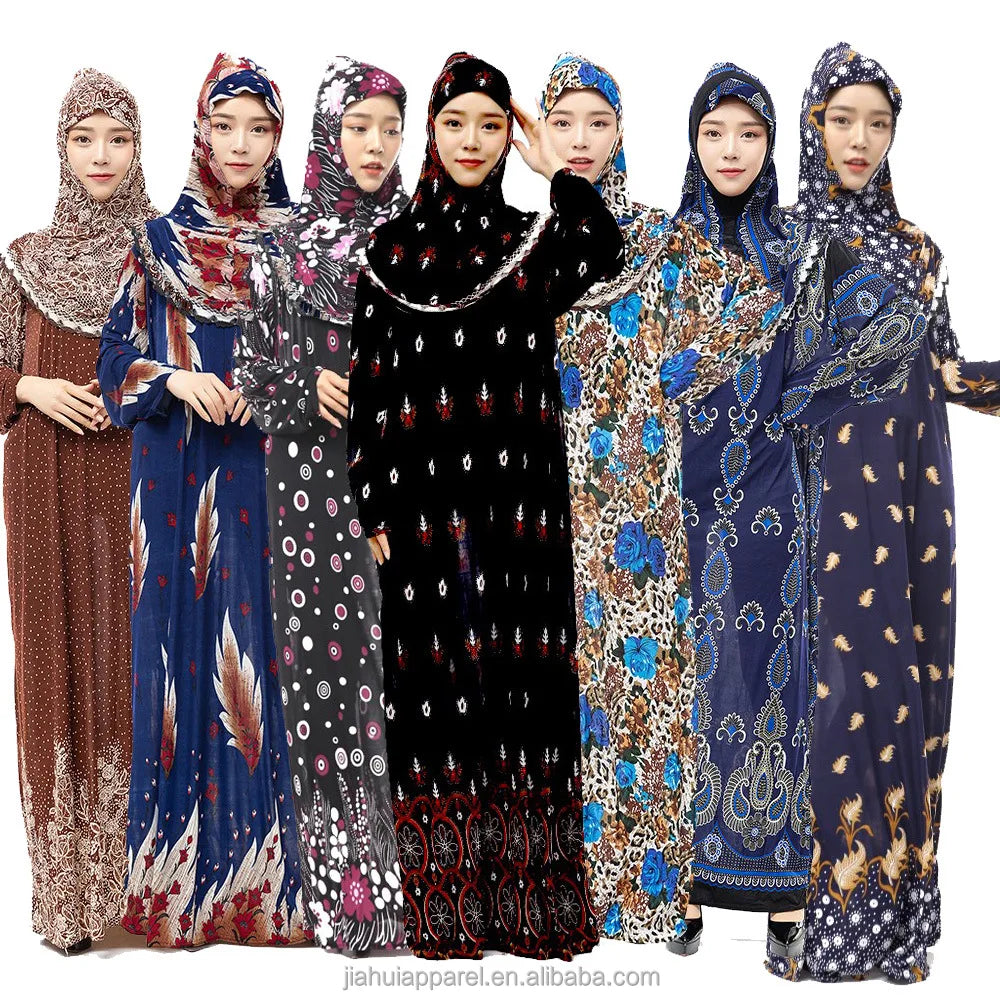 Traditional Muslim Clothing & Accessories Women's Overhead Jilbab Print Hijab Abaya Long Khimar Prayer Dress for Islamic Worship