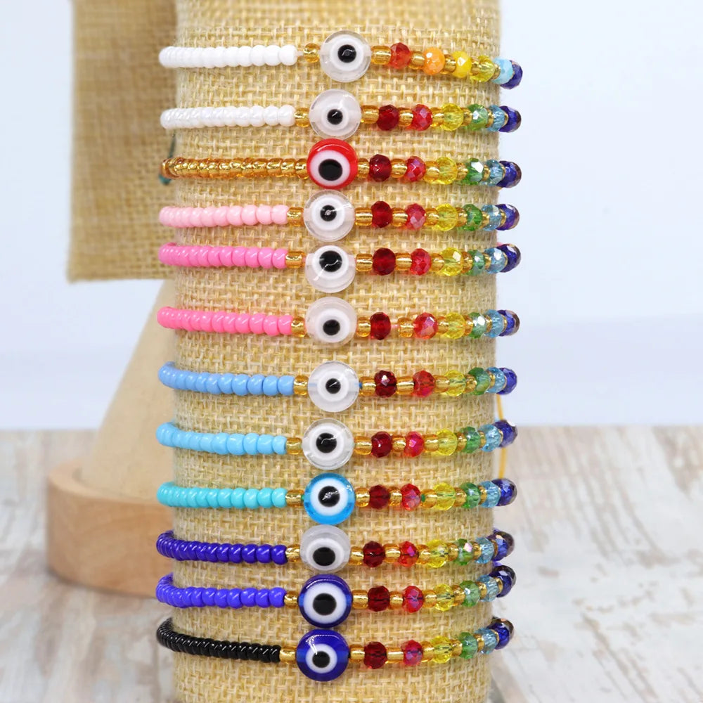 Stackable Handmade Chinese Glass Seed Beads rainbow Crystals D-evil Eye Bead Charm Rope Adjustable Knot Bracelet Jewelry Women