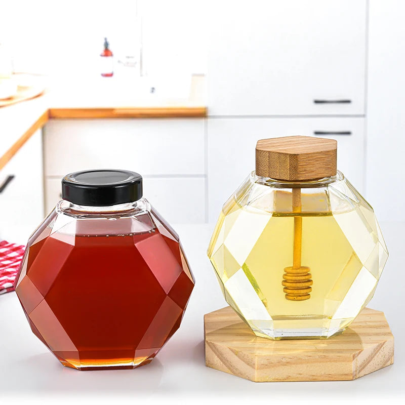 Wholesale 500g 380ml Unique Food Safe Design clear Empty Hexagon Glass Jar With Metal Closure Lid and Wooden Cork Lids