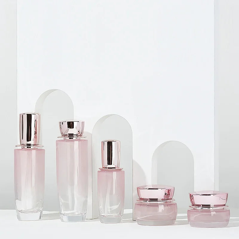 Custom logo 30g 50g 40ml 100ml 120ml Gradual pink Glass Bottle with Gold Rose Cap for Personal Care Cosmetic Package Container