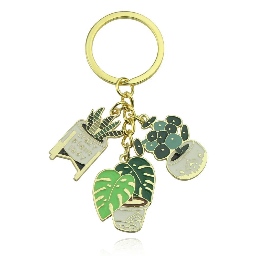 Fashion Cute Plant Keychain Green Enamel Metal Key Chains Crazy Plant Lady Key Rings Pendant Car Keychain Cactus Potted Keychain