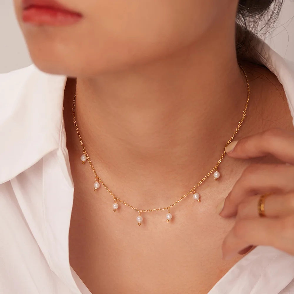 Dainty Waterproof Pearl Droplet Necklace Stainless Steel Dangling Charm Necklace Elegant Drop Station Necklace for Women