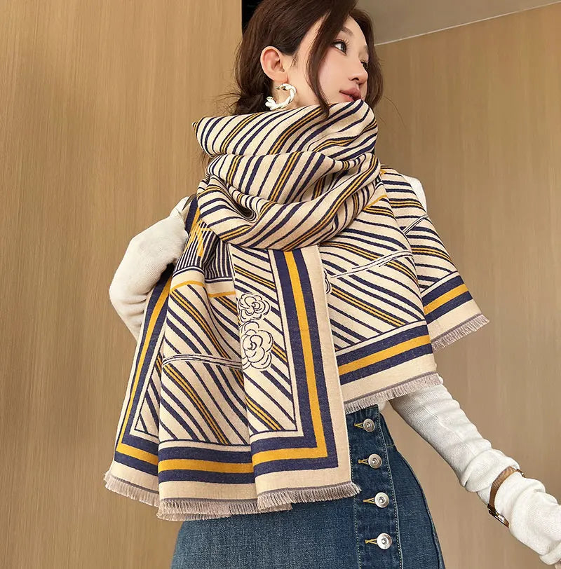 Camellia Ladies' Elegant Light Luxury Double-Sided Shawl Fashion Thick Warm Scarf for Autumn & Winter Seasons