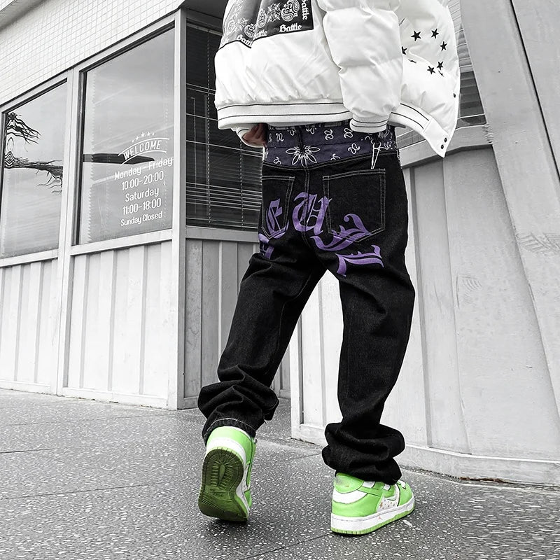 Waist Cashew Print Letter Patchwork Ripped Jeans Pants Mens Streetwear Straight Washed Retro Oversized Casual Denim Trousers