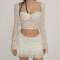 European and American 2024 Fall New Low Cut Square Collar Flared Long Sleeve Top Lace Skirt Suit Women