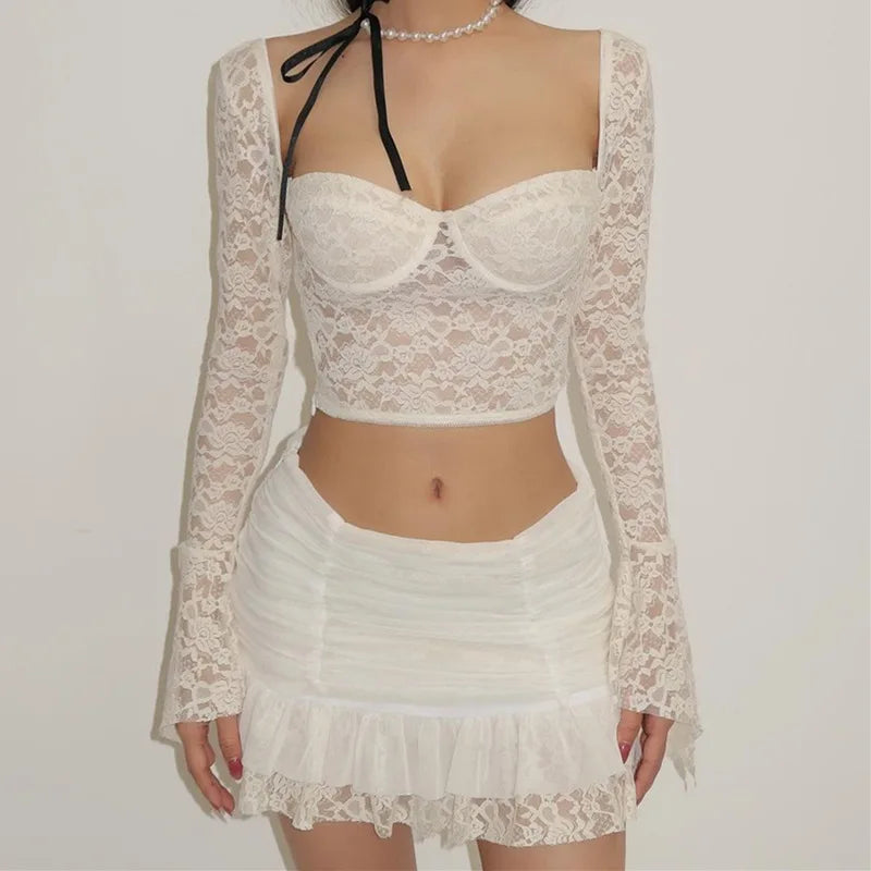 European and American 2024 Fall New Low Cut Square Collar Flared Long Sleeve Top Lace Skirt Suit Women