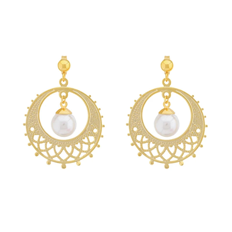 European Style Elegant Women's Drop Earrings Gold Plated Round Stainless Steel Earrings with Imitation Pearl Fashion Jewelry