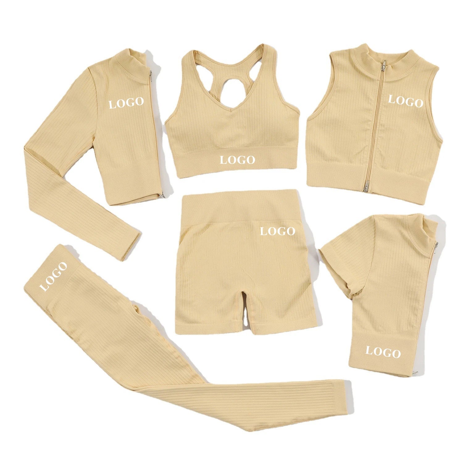 Women's 6 Piece Ribbed Yoga Set Zipper Natural Color Seamless Fitness Apparel Gym Workout Clothing Womens Activewear Sets