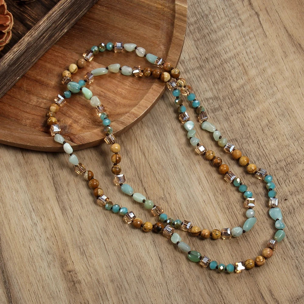 Fashionable New Bohemian Vacation Style Women's Jewelry 6mm Natural Stone Gravel Glass Knotted Necklace Accessories