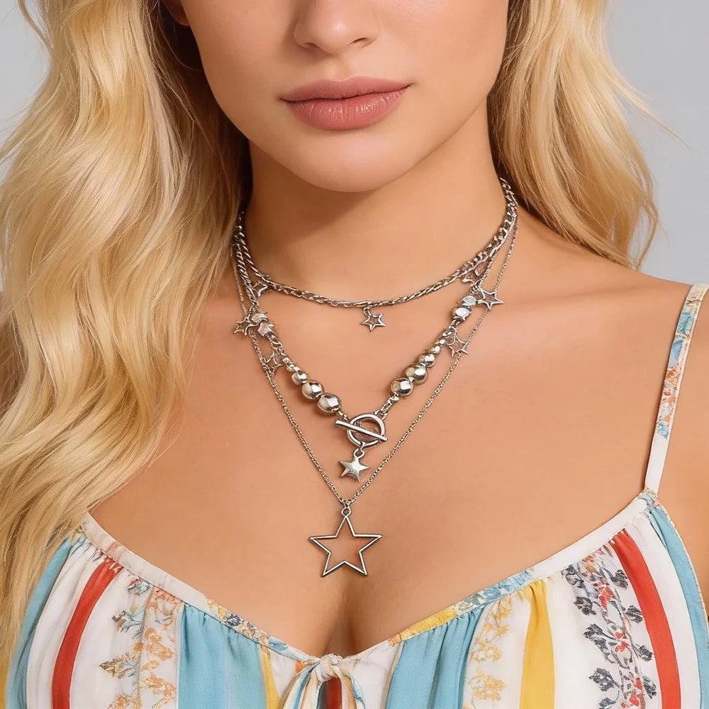 3 Pcs Separable Layered Chain with Beads Stars Pendant Necklace for Women Trendy on Neck Accessories 2025 Korean Fashion Jewelry