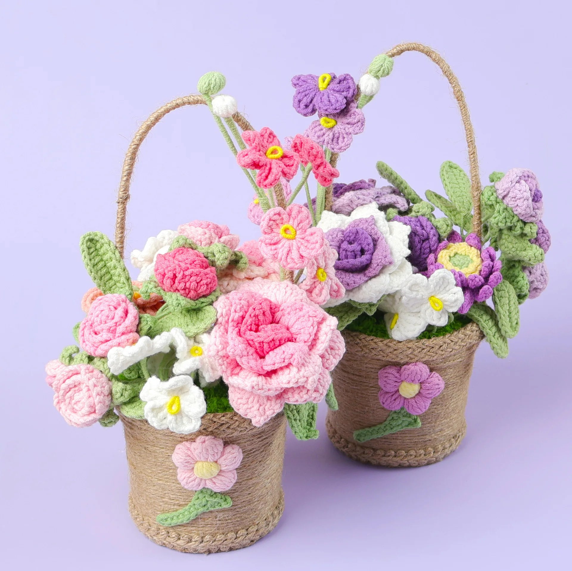Best Selling Multi Colorful Crochet Combined Flower Basket Plant Wholesale Woolen Knitted Flower Ornament for Home School