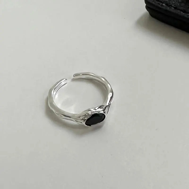Minimalist 925 Sterling Silver Black CZ Zircon Irregular Open Ring for Women