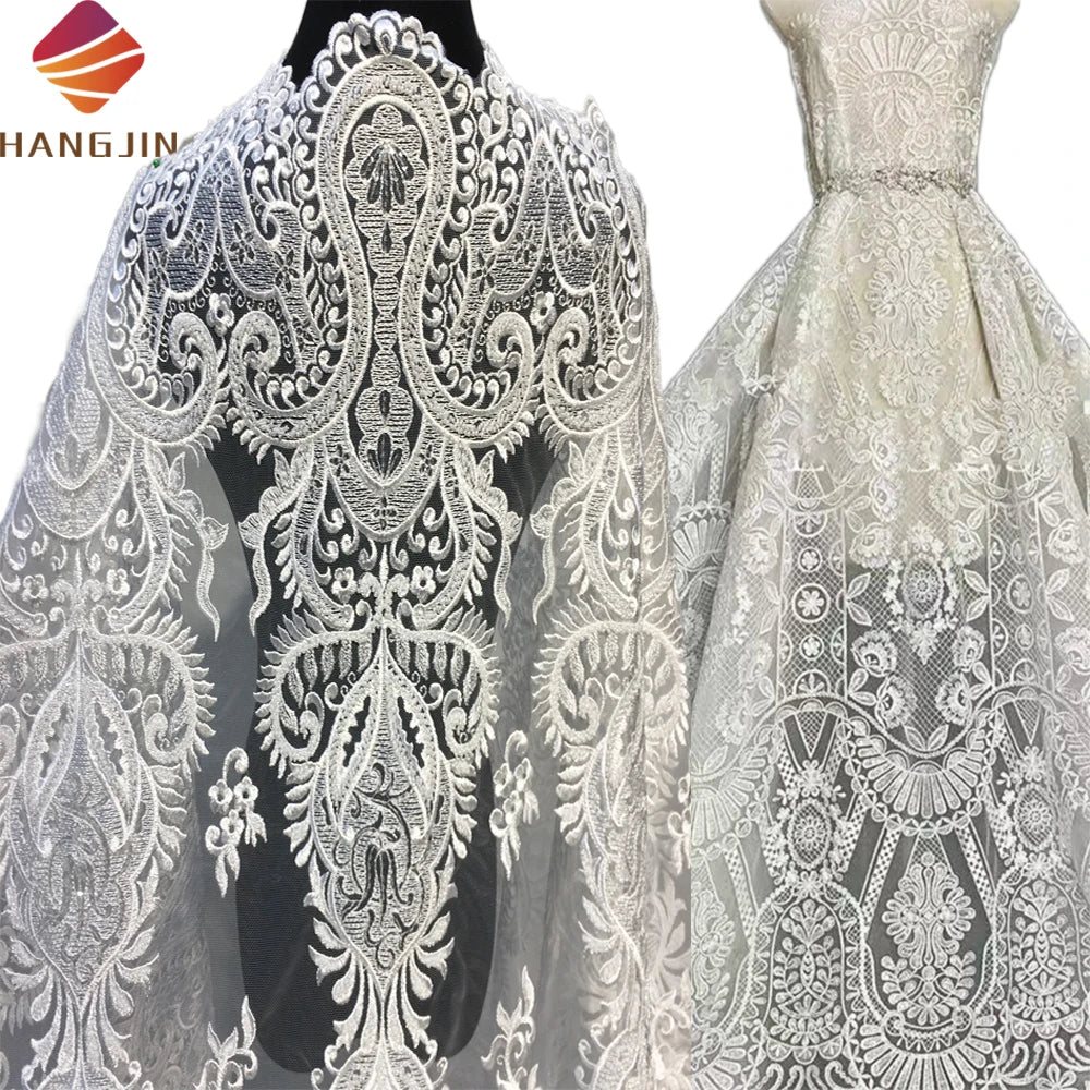 White African Sequins Laces Fabrics With Beaded Stones Luxury Hand Made Embroidery Bridal Tulle Lace Fabric