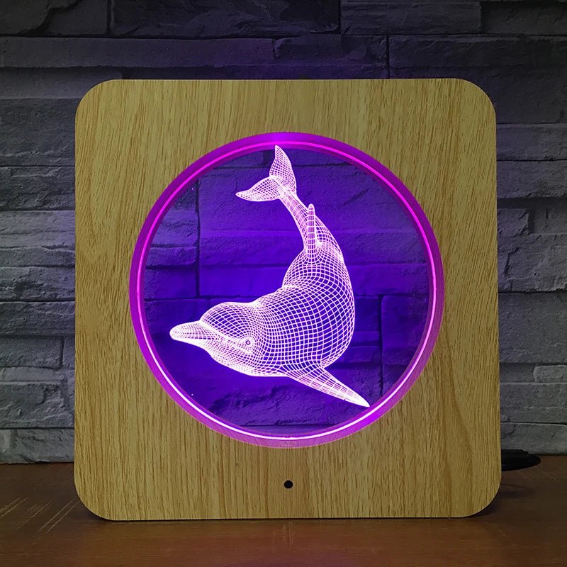 Clever Dolphin Animal Shape Night Light Photo Frame with Round Acrylic Led Lamps 7 Color RGB 3D Lamp with Remote