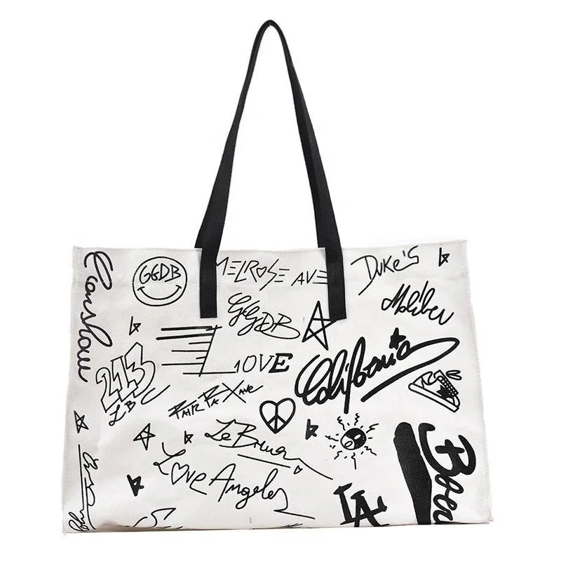 Medium Size Korean Canvas Handbag for Women Fashionable Graffiti Pattern Portable Shopping Tote Bag Letter Type RUTH RTC104