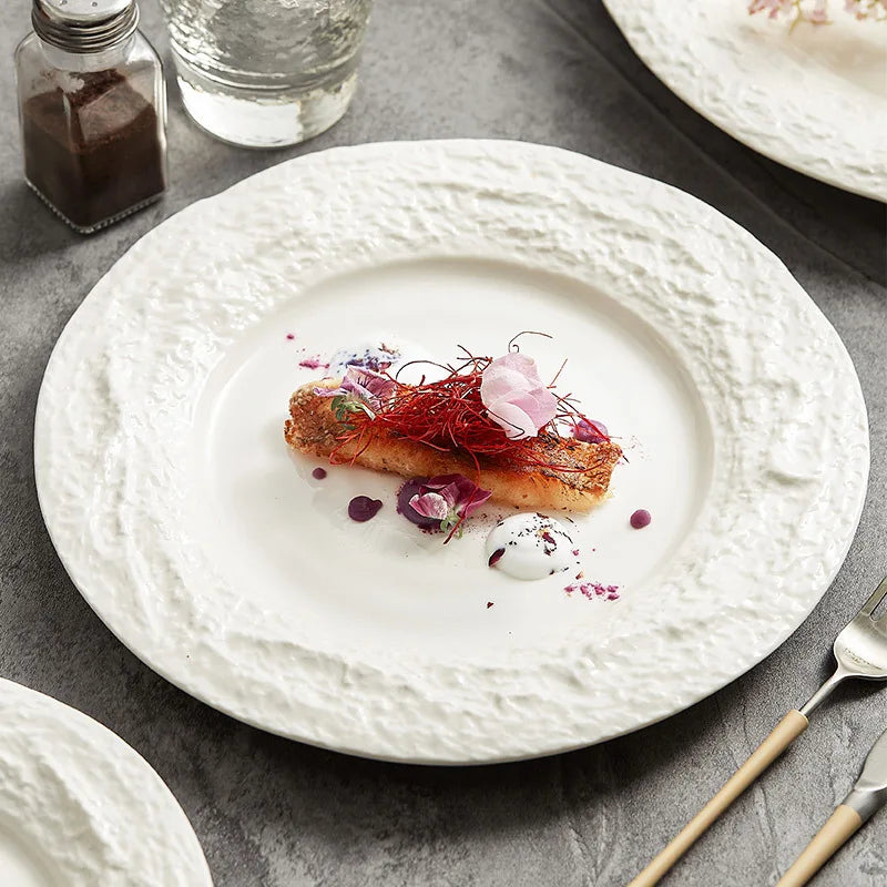European Style Embossed Stone Pattern Western Dinner Plate Light Luxury Ceramic Plate