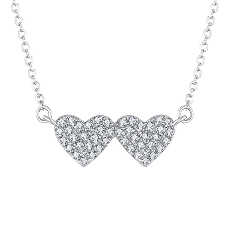 Elegant Minimalist Jewelry 925 Sterling Silver Double Heart Pave Zircon Diamond Necklace for Women