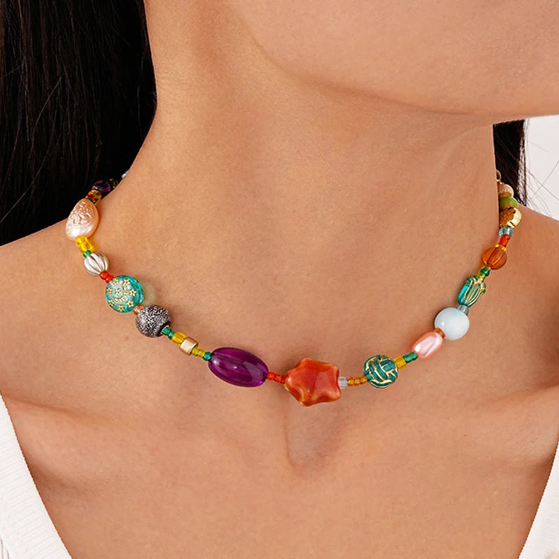 2025 New Arrival Fashion Jewelry Colorful Acrylic Ceramic Glass Beads Rice Beads Necklaces Women Bohemian Beaded Choker Necklace