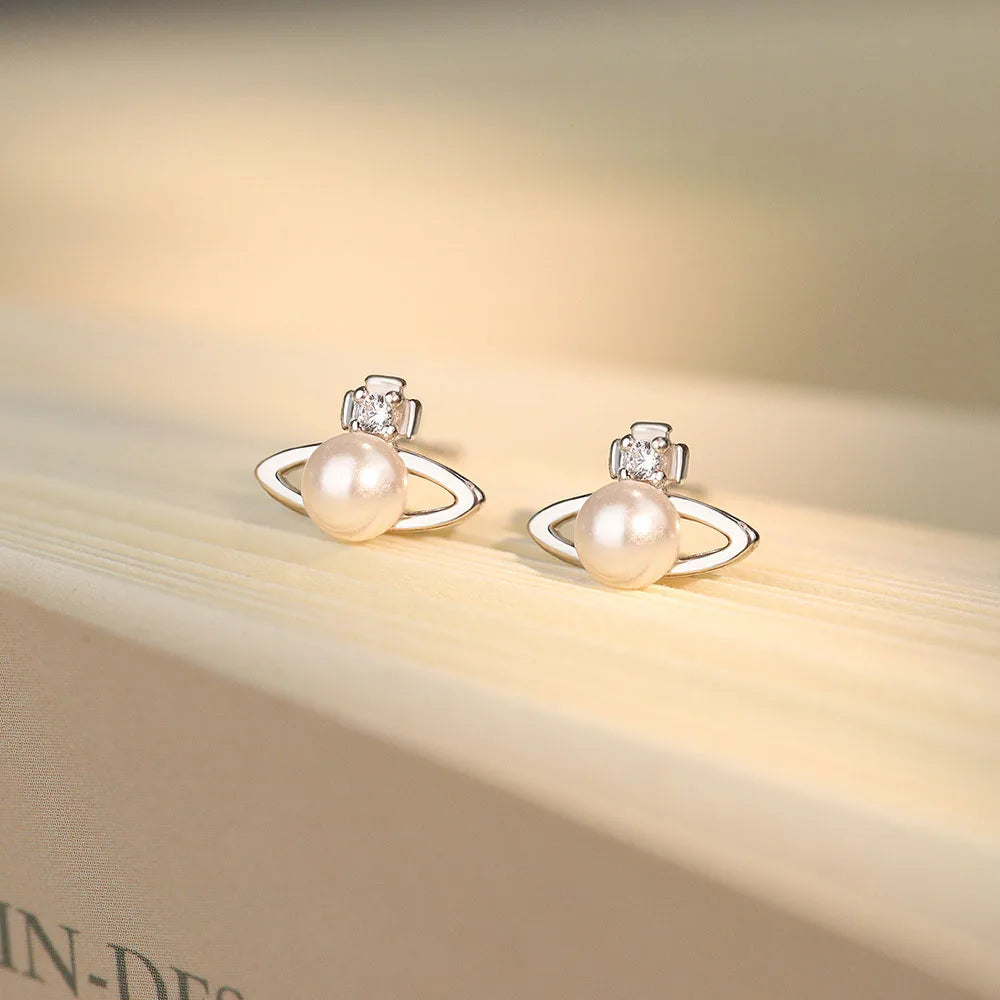 S999 Sterling Silver Zircon Bead Planet Stud Earrings Trendy for Women Jewelry Accessories YB-XY-560