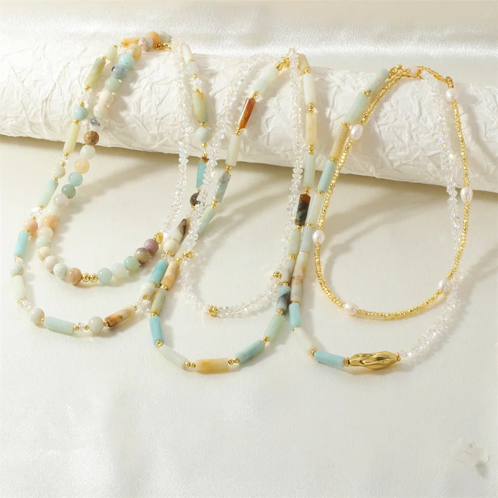 Statement Stacking Gemstone Pearl Necklace Long Round Amazonite Irregular Crystal Beads Necklace for Women